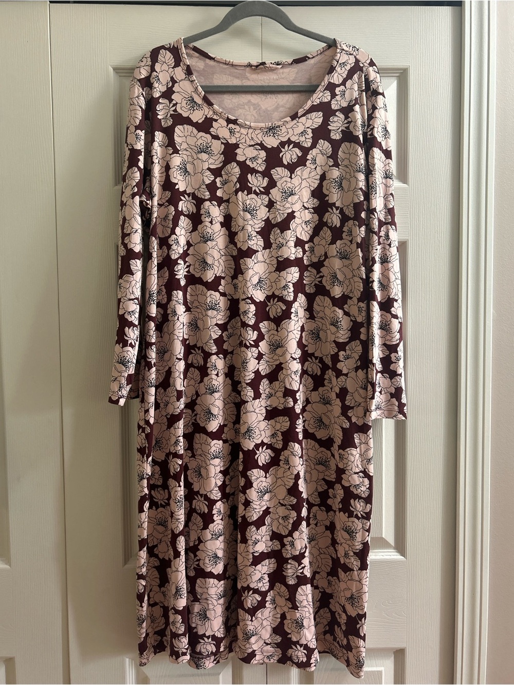 Lands End Dress Womens Size XL Maroon Pink Floral Maxi Dress Long Sleeve